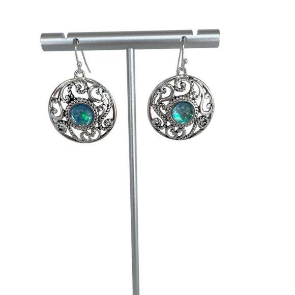 Necklace and Ear, Silver Antique Tone, Blue/Green Pendant, 18"-20" - Picture 8 of 10